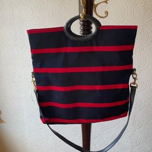 TALBOTS NAVY BLUE & RED STRIPED CLOTH SHOULDER TOTE!